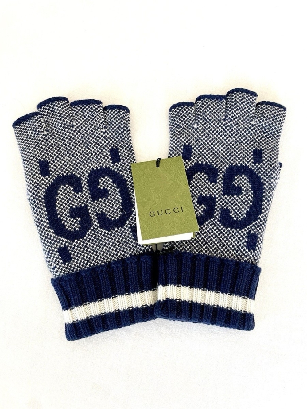 Gucci Blue & Gray Fingerless Knit Gloves with GG Motif. NWT (Originally $560)